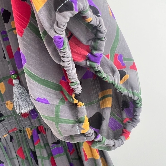 Vintage 80s Diane Freis Georgette Dress L XL Long Sleeves Gray Geometric Pattern - Picture 9 of 14